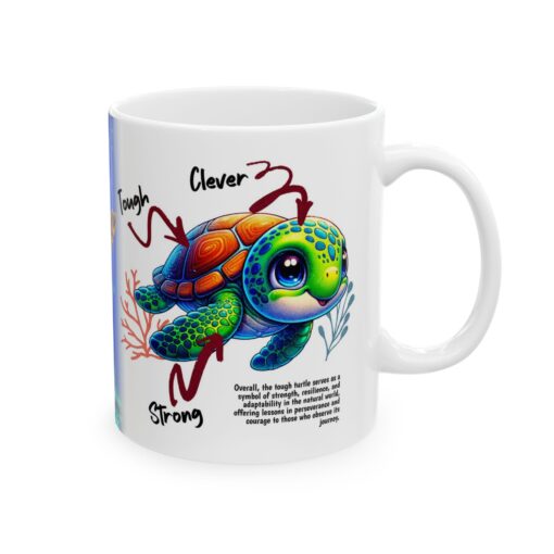 a white mug with a cartoon turtle