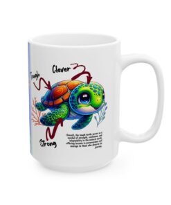 a white mug with a cartoon turtle