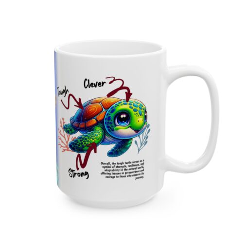 a white mug with a cartoon turtle