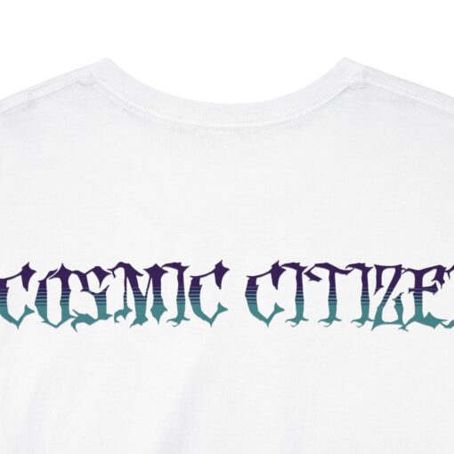 Grey t-shirt with colorful alien head design and 'Cosmic Citizen' and 'Earthly Vessel' text.