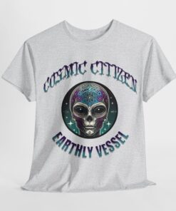 Grey t-shirt with colorful alien head design and 'Cosmic Citizen' and 'Earthly Vessel' text.