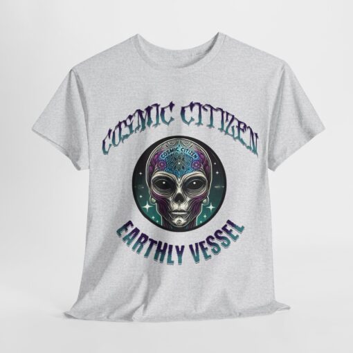 Grey t-shirt with colorful alien head design and 'Cosmic Citizen' and 'Earthly Vessel' text.