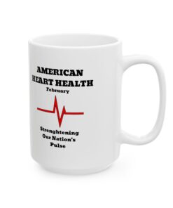 white coffee mug with american heart health on it