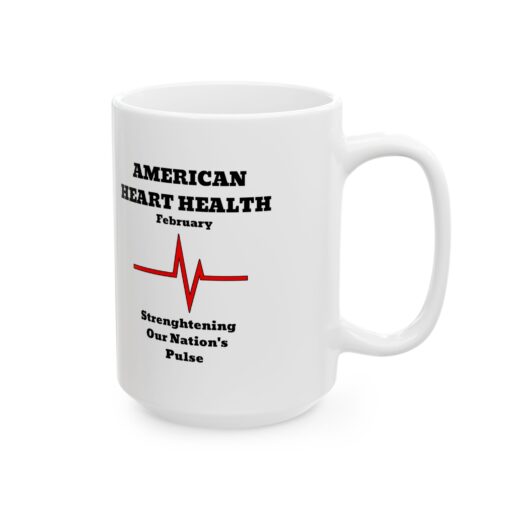 white coffee mug with american heart health on it