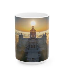 a coffee mug showing Des Moines Capitol Building with clouds