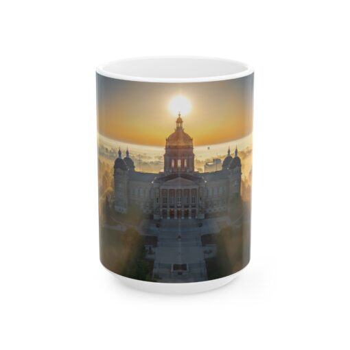 a coffee mug showing Des Moines Capitol Building with clouds