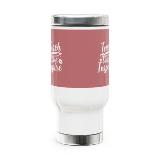 White Stainless Steel Travel Mug with the words Teach, Love, Inspire with Pencil and Daisies Design