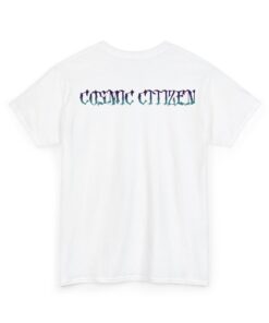 Grey t-shirt with colorful alien head design and 'Cosmic Citizen' and 'Earthly Vessel' text.