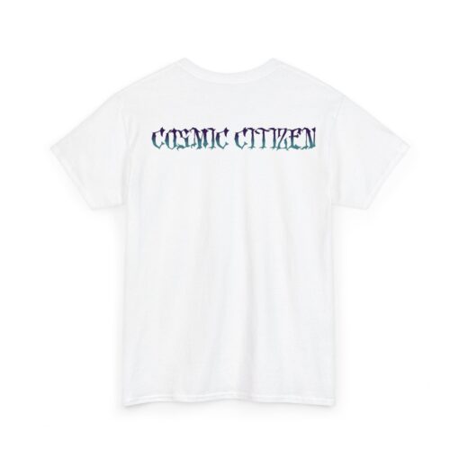 Grey t-shirt with colorful alien head design and 'Cosmic Citizen' and 'Earthly Vessel' text.