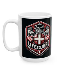 white coffee mug with a lifeguard graphic on it