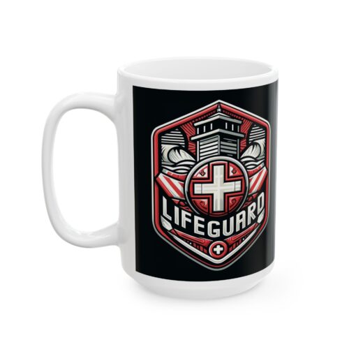 white coffee mug with a lifeguard graphic on it