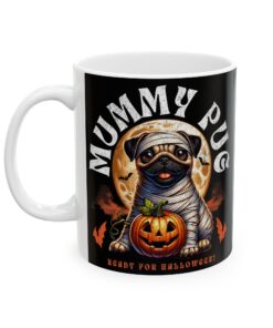 a coffee mug with a dog ready for halloween on it