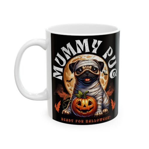 a coffee mug with a dog ready for halloween on it