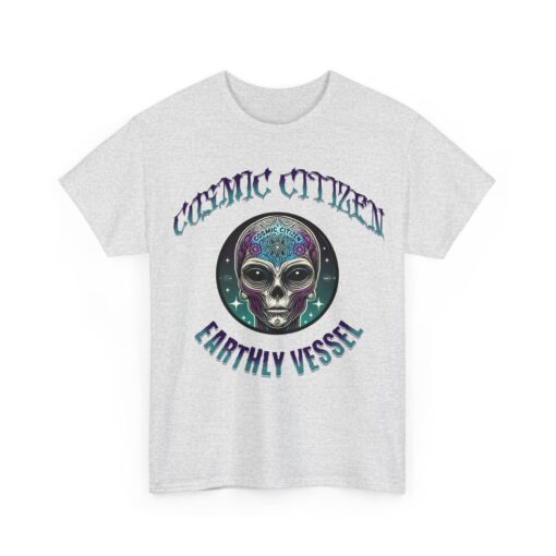 Grey t-shirt with colorful alien head design and 'Cosmic Citizen' and 'Earthly Vessel' text.