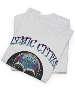 Grey t-shirt with colorful alien head design and 'Cosmic Citizen' and 'Earthly Vessel' text.