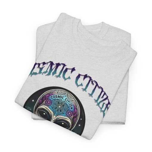 Grey t-shirt with colorful alien head design and 'Cosmic Citizen' and 'Earthly Vessel' text.