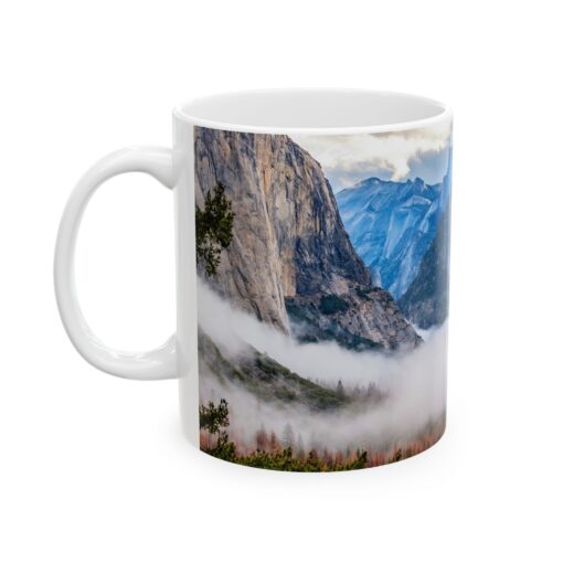 coffee mug showing Yosemite valley with morning clouds