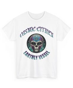 Grey t-shirt with colorful alien head design and 'Cosmic Citizen' and 'Earthly Vessel' text.