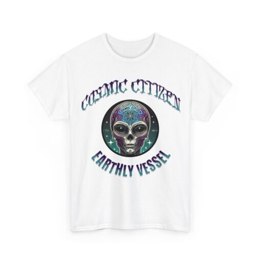 Grey t-shirt with colorful alien head design and 'Cosmic Citizen' and 'Earthly Vessel' text.