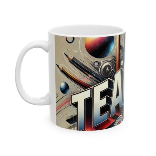 Colorful Mug with abstract design and the word "TEACHER" cover by various educational icons and shapes.