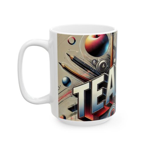 Colorful Mug with abstract design and the word "TEACHER" cover by various educational icons and shapes.