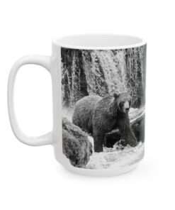 Coffee Mug showing bear looking for fish in stream