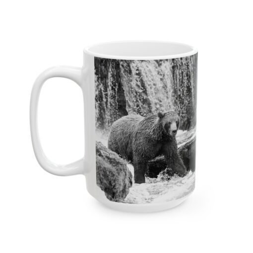 Coffee Mug showing bear looking for fish in stream