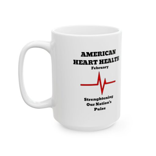 a white mug with a heart health graphic on it