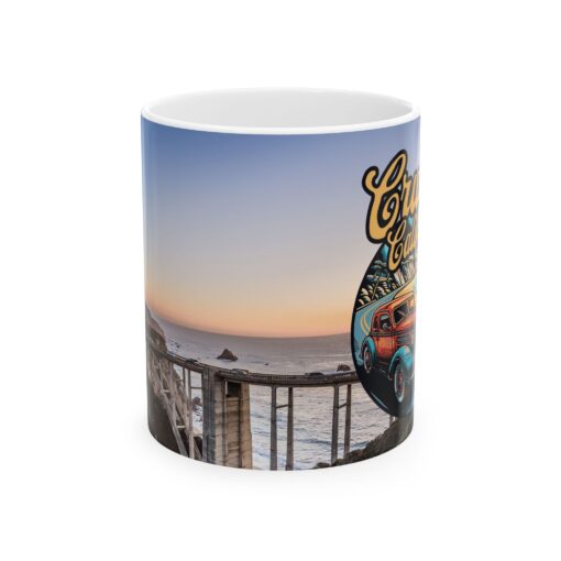 a mug with a picture of a bridge and a car