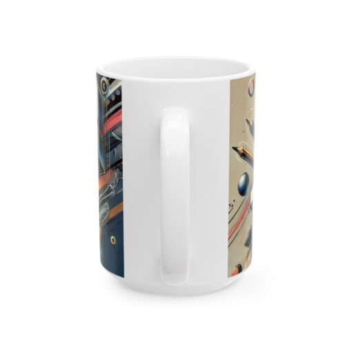 Colorful Mug with abstract design and the word "TEACHER" cover by various educational icons and shapes.