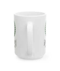 White ceramic mug with a green ribbon, laurel wreath, and the text 