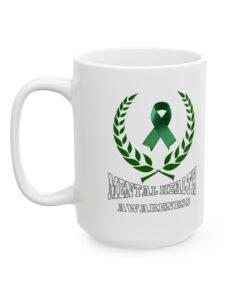 White ceramic mug with a green ribbon, laurel wreath, and the text 