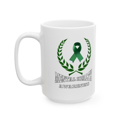 White ceramic mug with a green ribbon, laurel wreath, and the text "Mental Health Awareness."