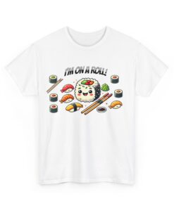 Unisex Heavy Cotton Tees with a sushi roll graphic.