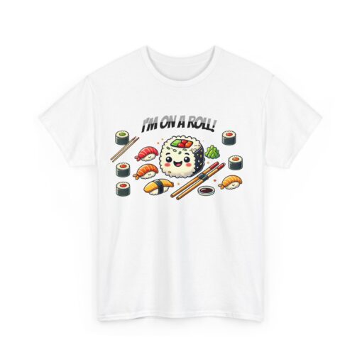 Unisex Heavy Cotton Tees with a sushi roll graphic.