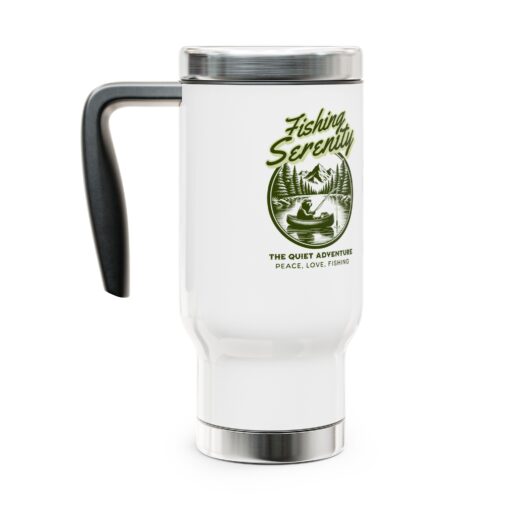 Stainless Steel Travel Mug with Handle featuring Fishing Serenity - The Quiet Adventure - Peace, Love, Fishing