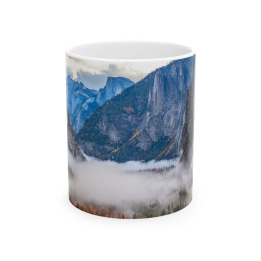 coffee mug showing Yosemite valley with morning clouds