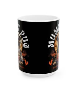 a black mug with a cartoon character on it