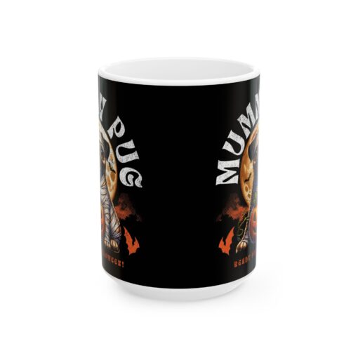 a black mug with a cartoon character on it