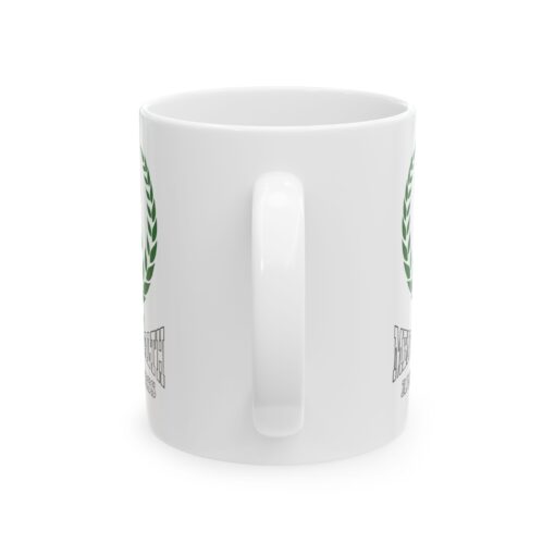 White ceramic mug with a green ribbon, laurel wreath, and the text "Mental Health Awareness."