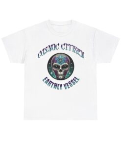 Grey t-shirt with colorful alien head design and 'Cosmic Citizen' and 'Earthly Vessel' text.