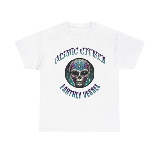 Grey t-shirt with colorful alien head design and 'Cosmic Citizen' and 'Earthly Vessel' text.