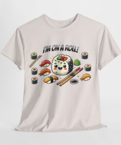 Unisex Heavy Cotton Tees with a sushi roll graphic.