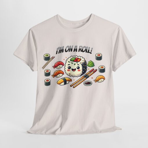 Unisex Heavy Cotton Tees with a sushi roll graphic.