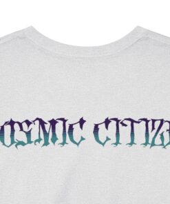 Grey t-shirt with colorful alien head design and 'Cosmic Citizen' and 'Earthly Vessel' text.