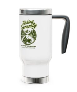 Stainless Steel Travel Mug with lid and handle featuring Fishing Serenity - The Quiet Adventure - Peace, Love, Fishing