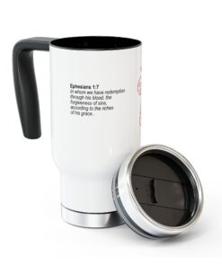 Stainless Steel Travel Mug with Handle featuring Redeemed by His Blood Saved by His Sacrifice and Ephesians 1:7