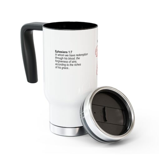 Stainless Steel Travel Mug with Handle featuring Redeemed by His Blood Saved by His Sacrifice and Ephesians 1:7