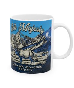 a mug with a picture of a moose and mountains