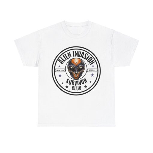 Unisex heavy cotton tee with the text 'Alien Invasion Survivor Club.